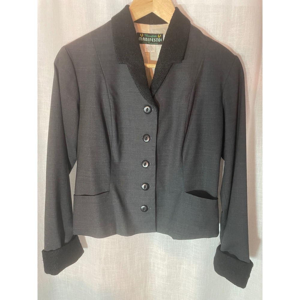Vintage Bonafide Manifesto Blazer Small Gray‎ Wool Black Boucle Trim Made in USA